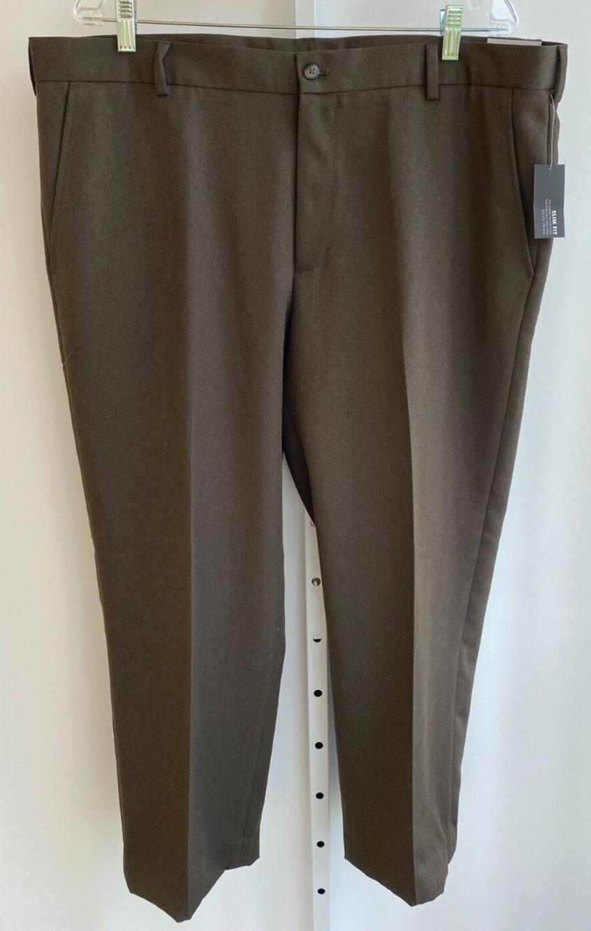 NWT Van Heusen Traveler Mens Slim Fit Brown Dress Pants 40x30 flat no iron $65